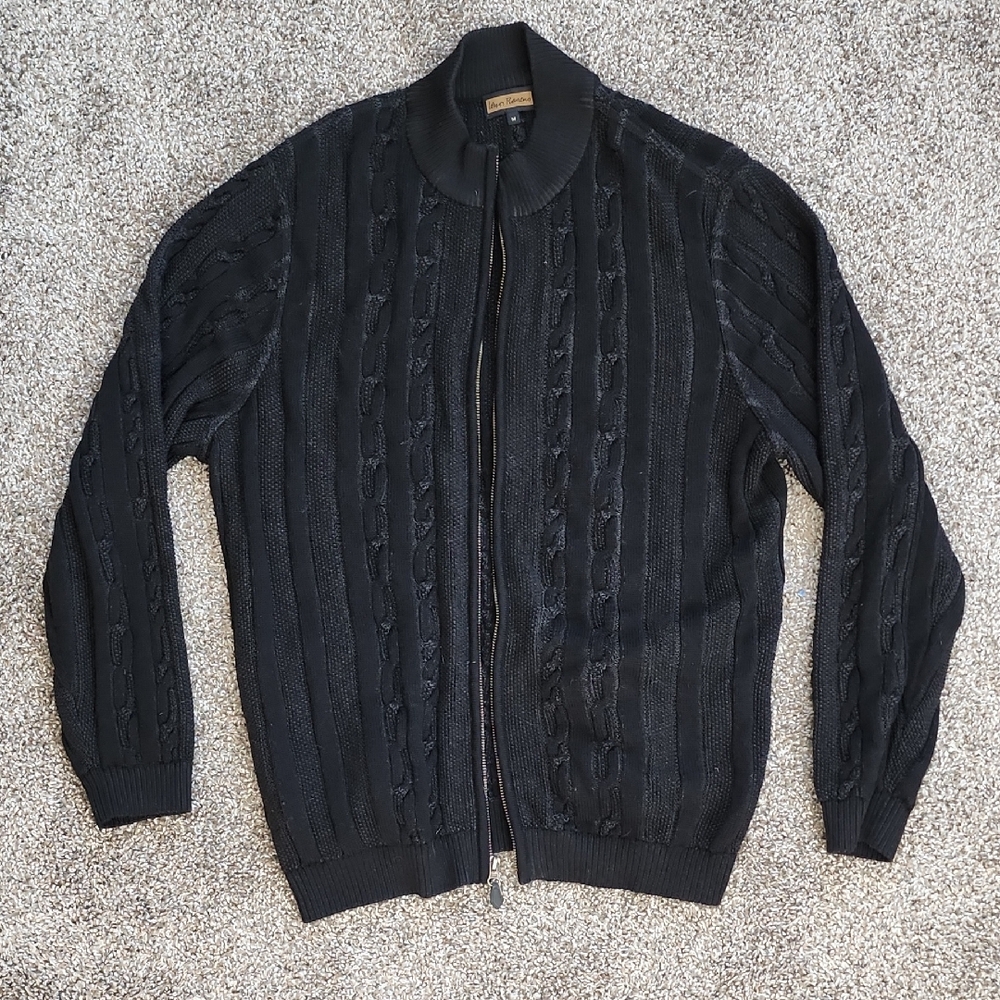 Men's Black Merino Zip-Up Cable Knit Cardigan